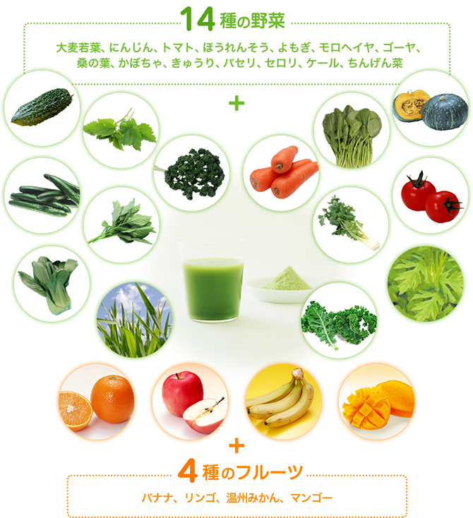 14種の野菜:大麦若葉、にんじん、トマト、ほうれんそう、よもぎ、モロヘイヤ、ゴーヤ、桑の葉、かぼちゃ、きゅうり。パセリ、セロリ、ケール、ちんげん菜+4種のフルーツ:バナナ、りんご、温州みかん、マンゴー